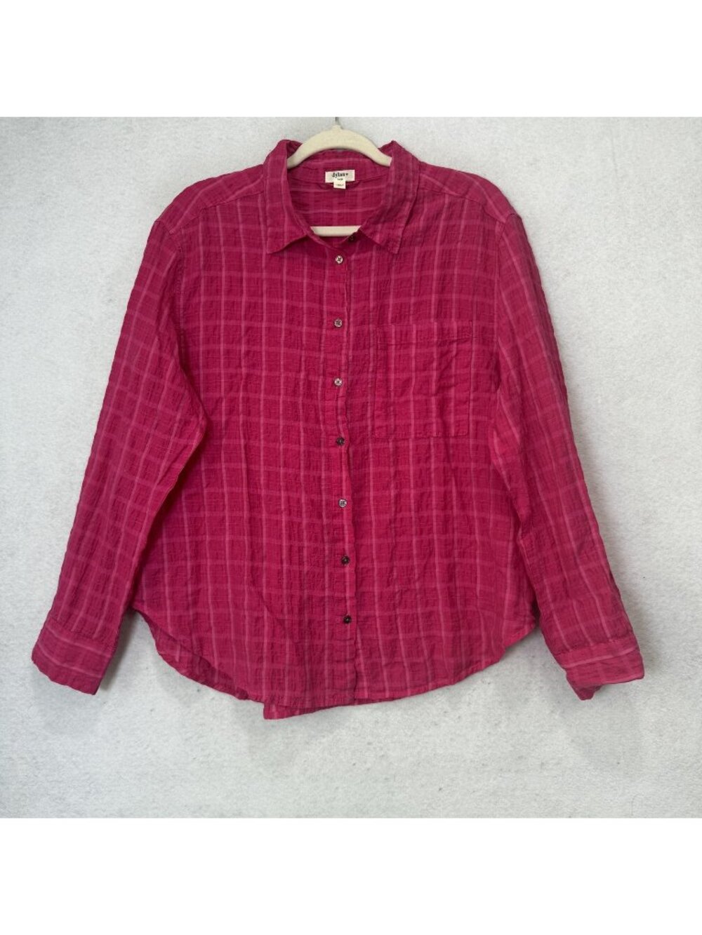 Dylan Shirt Womens Large Pink Plaid Button Front Crinkle Long Sleeve Top Casual